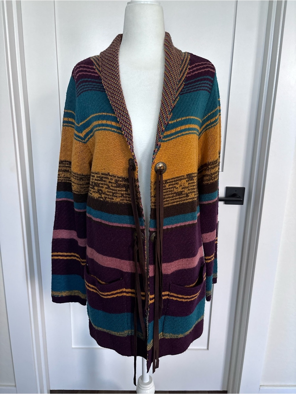Wrangler Striped Open-Front Cardigan in Teal, Mustard & Plum